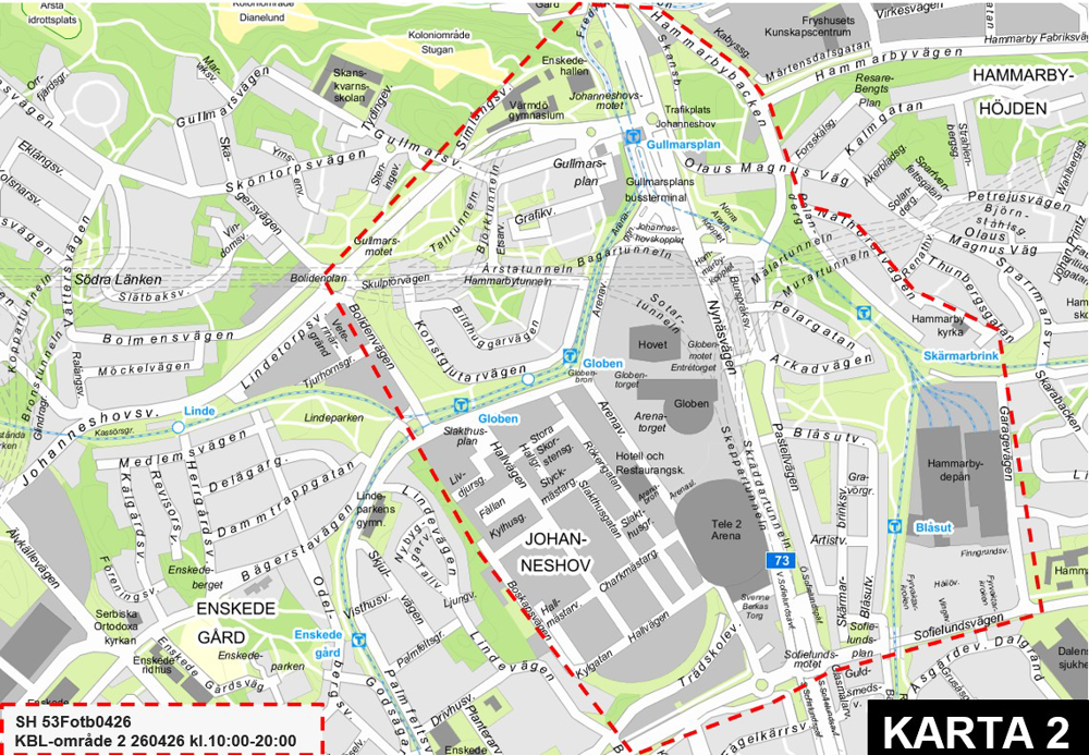 Bild på karta över bland annat Arenaområdet, Globen, Årsta och Gullmarsplan som kommer att kamerabevakas.