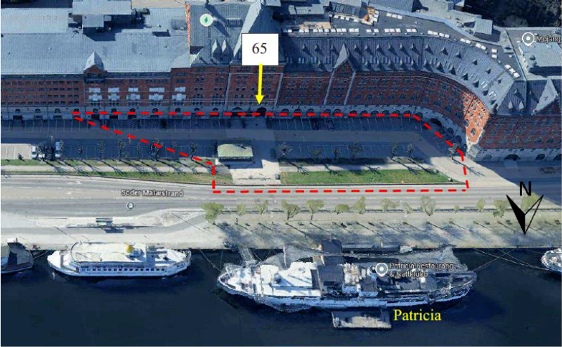 Flygfoto över området hämtad från Google maps. Området som spärrades av är markerat med rött.