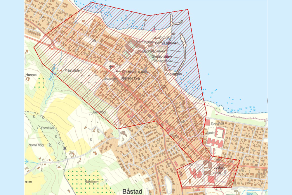 Karta över området i Båstad som kommer att kamerabevakas mellan 11 juni och 11 september 2025.