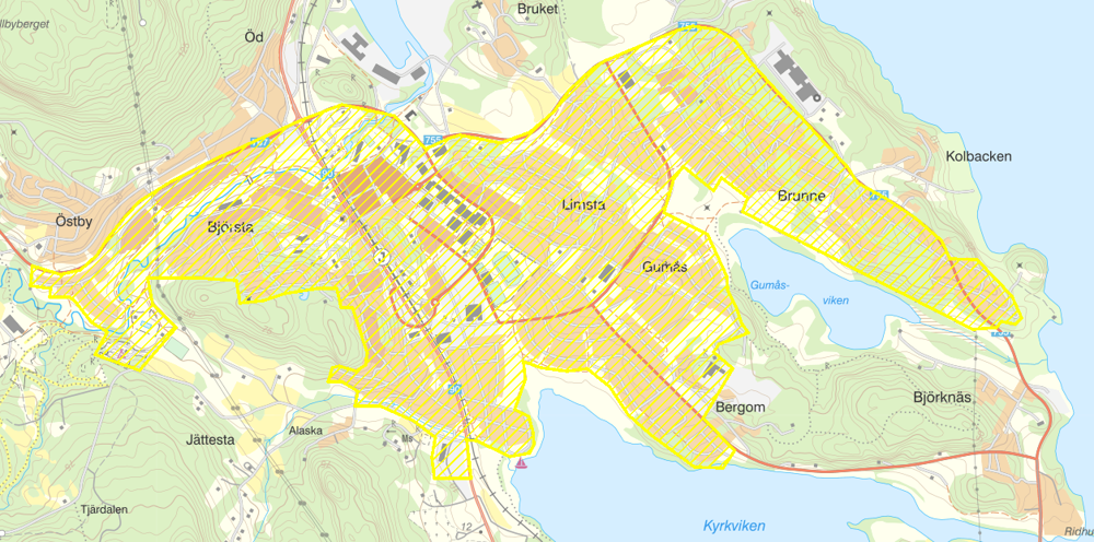 Karta över Kramfors där ett område är markerat med gula linjer.