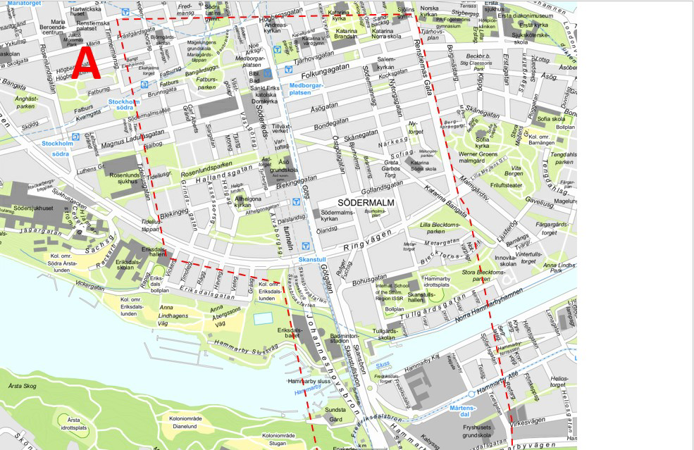 Bild på karta över området som kamerabevakas med UAS klockan 11.00-14.00 samt klockan 16.00-20.00.