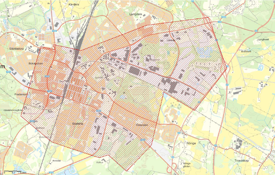 Karta över centrala Hässleholm. Området som drönaren kommer flyga över är markerat.