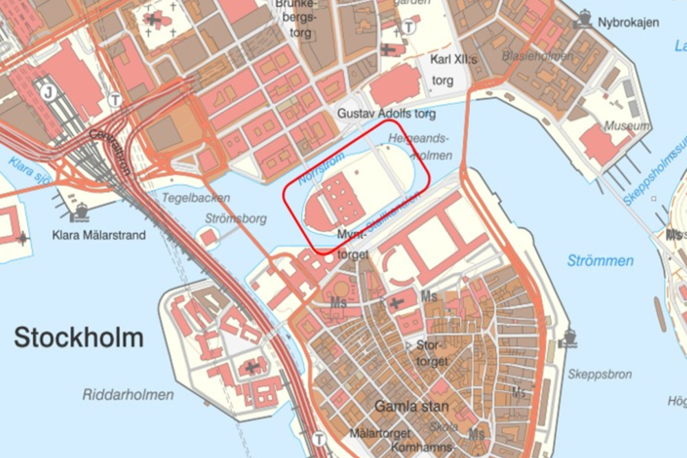 Karta över området runt Riksdagen som bevakas med drönare. Aktuellt område är rödmarkerat.