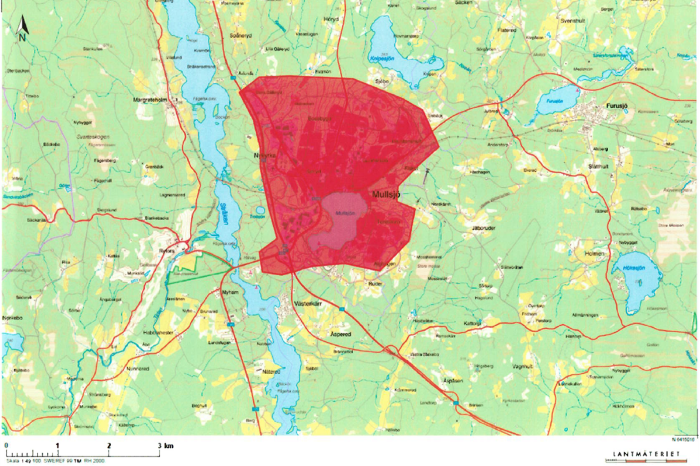 Kartbild över markerat område för Mullsjös tätort som tillfälligt kameraövervakas av polisen.