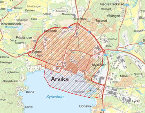 Kartbild över Arvika, del av kartan markerat med rött raster
