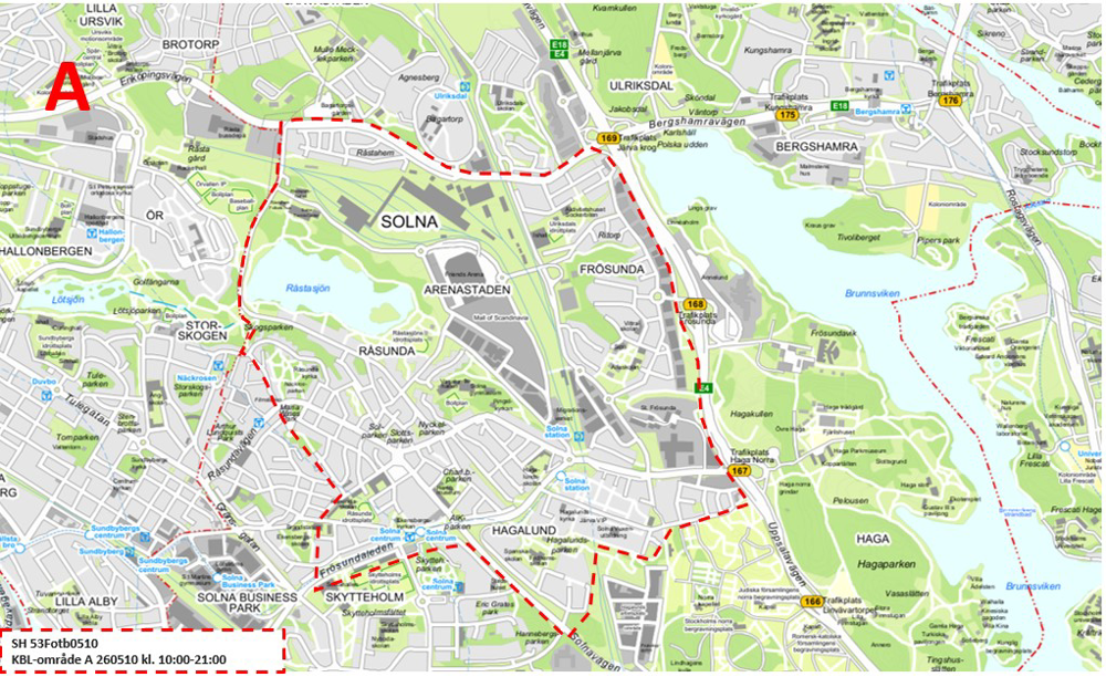 Bild på Karta över delar av Solna som ska kamerabevakas. 