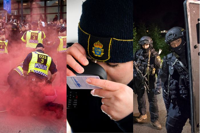 Bildkollage med trebilder; poliser som gör ingripande i rökig miljö, polis som studerar något med lupp, insatspoliser med full utrustning.