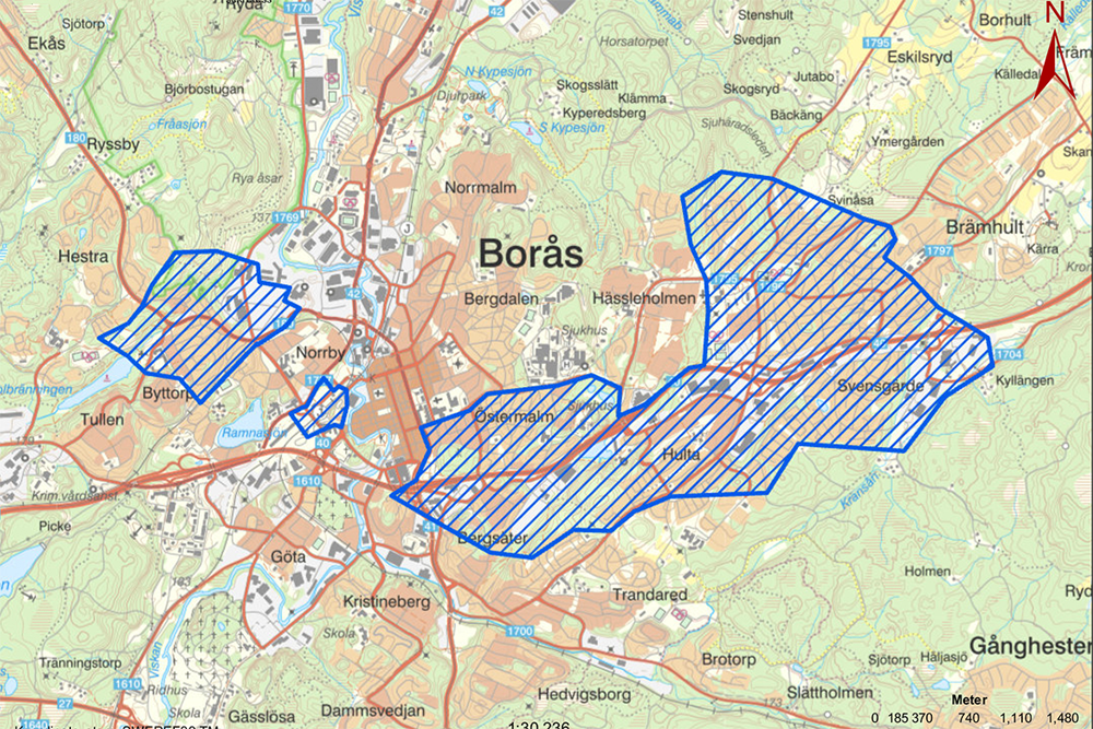 Karta över områden som kan omfattas av beslutet om kamerabevakning av drönare i Borås.