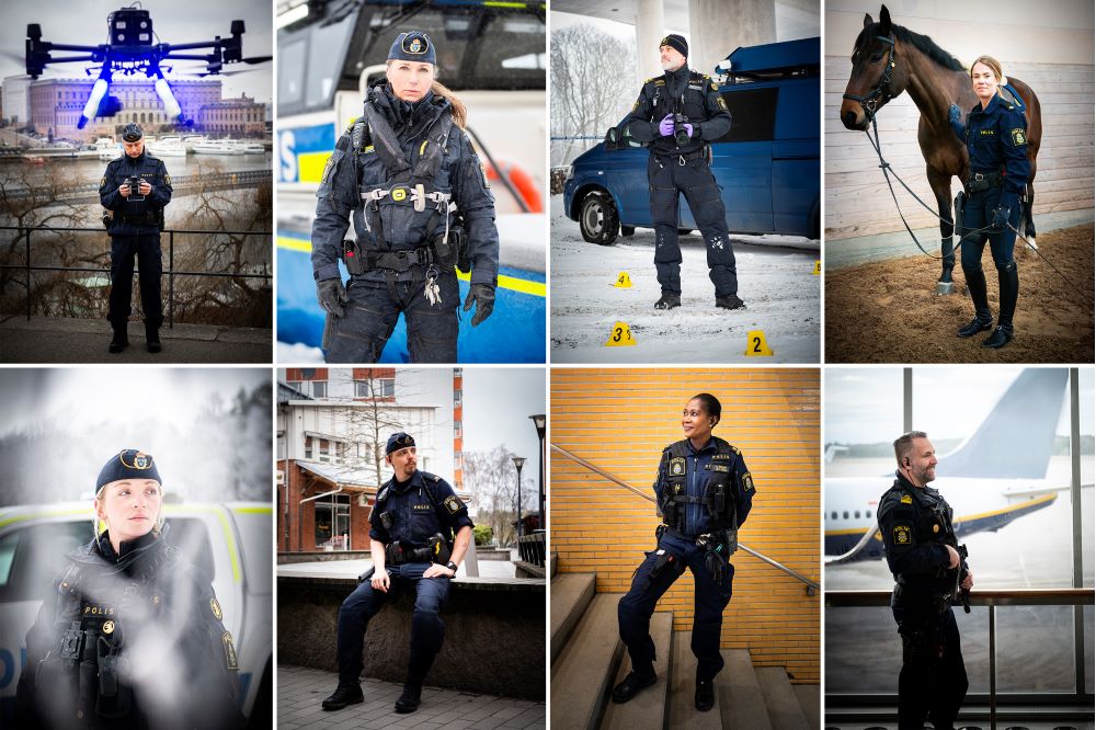 Kollage av poliser i olika funktioner i Stockholm.