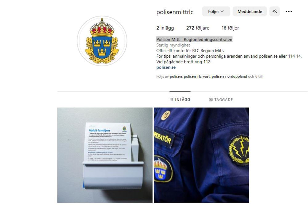 Faksimil av Instagramkontot Polisen Mitt - Regionledningscentralen