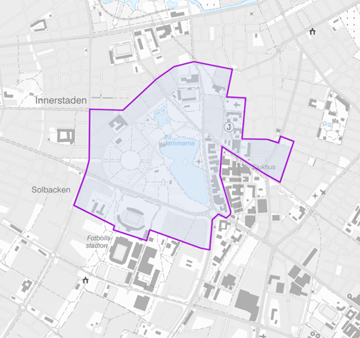 Karta över området i centrala Malm som bevakas med drönare och tillfälligt fasta kameror.