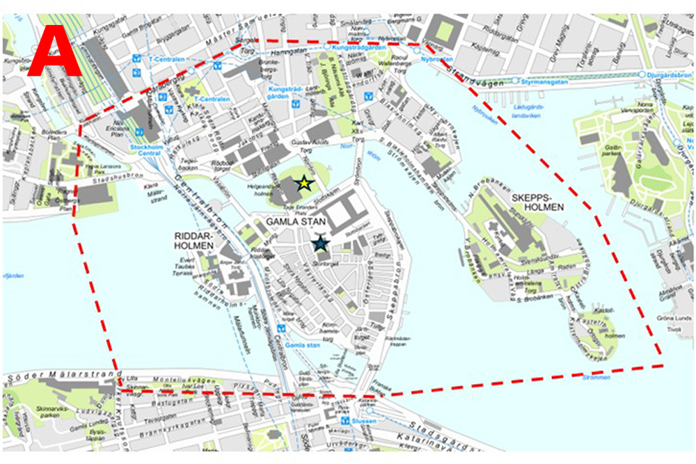 Karta över området i centrala Stockholm som bevakas med drönare.