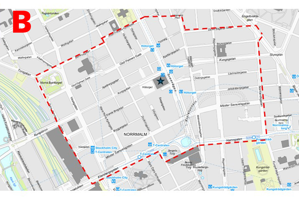 Karta över området runt Norrmalm som bevakas med drönare.
