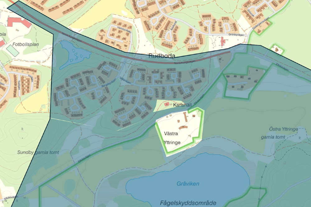 Karta över området på Elfviksvägen och Västra Yttringe som bevakas med drönare.