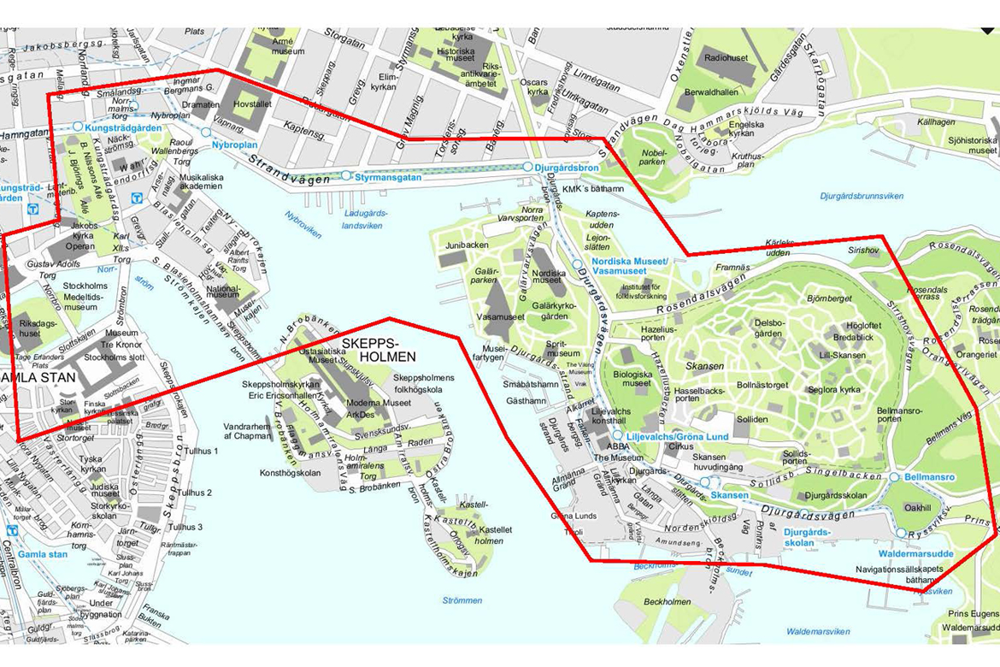 Karta över delar av gamla stan och Djurgården.