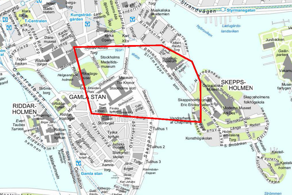Karta över delar av Gamla Stan och Skeppsholmen som kan komma att kamerabevakas.