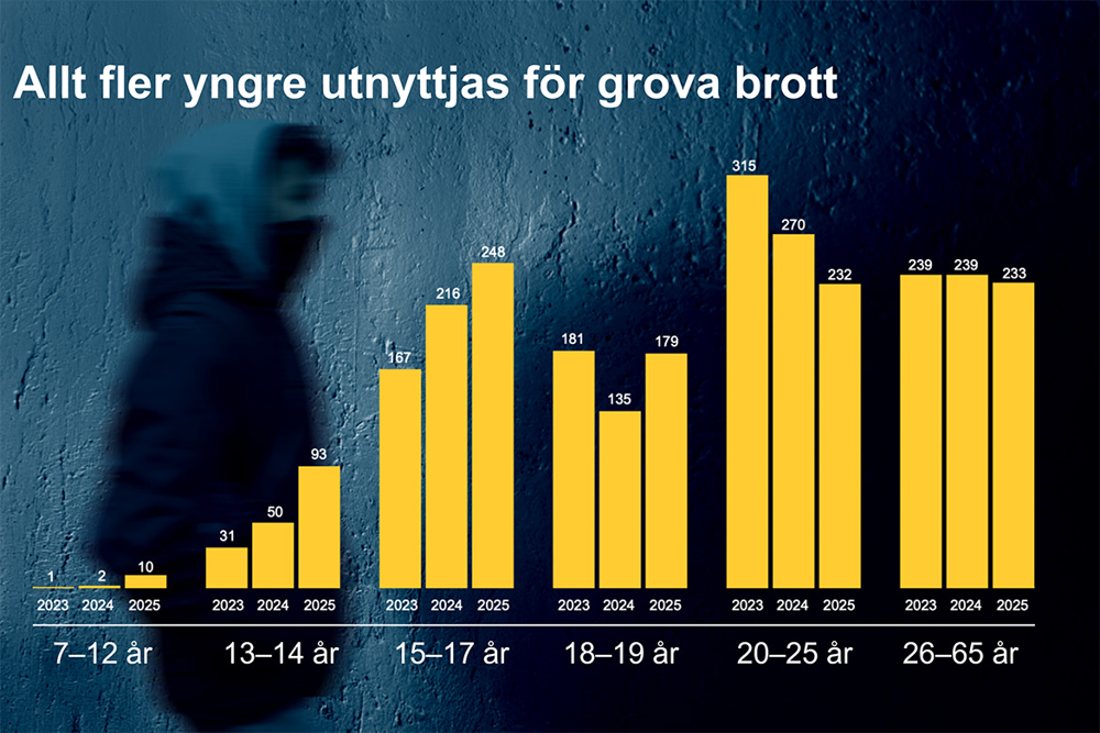 Idag rekryteras barn och unga framför allt till att utföra brott som syftar till att hota och skrämma genom bland annat sprängningar och brandattentat. Det förekommer också att barn och unga rekryteras till att genomföra dödligt våld genom skjutningar.  Barn rekryteras också till andra uppdrag, som att själva rekrytera kompisar eller andra barn i dess närhet.  En ytterligare risk för ungdomarna har lagts till genom att den iranska regimen använder sig av kriminella nätverk i Sverige för att utföra våldshandlingar mot andra stater, grupper eller personer i Sverige som uppfattas som ett hot. Unga svenskar har dömts till långa fängelsestraff för terrorbrott i Danmark.  Barnen utlovas snabba pengar för uppdragen, pengar som sällan betalas ut.   Sedan 2023 har antalet unga individer misstänkta för våldsbrott som sprängningar, brandattentat och skjutningar i kriminella miljöer ökat kraftigt.  2023 var den vanligaste utföraren av den här typen av våld 20–25 år. 