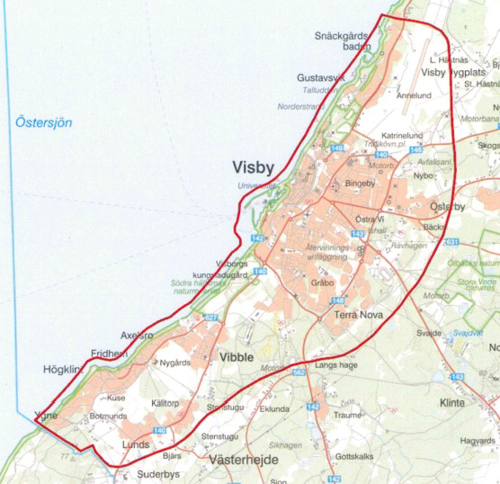 Karta över området i Visby stad och omkringliggande tätbebyggelse som bevakas med drönare.