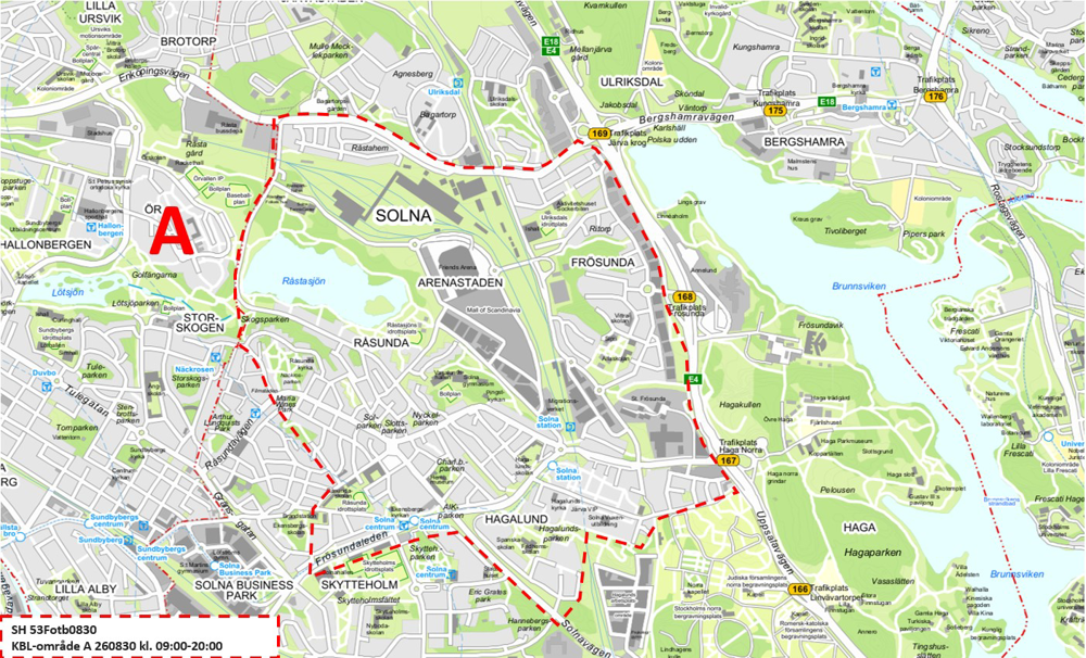 Bild på karta över delar av Solna som kamerabevakas den 30 augusti.