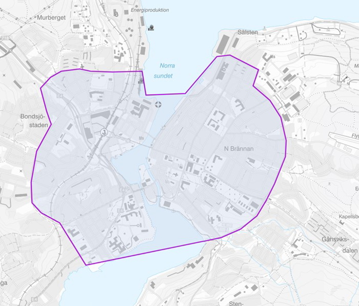Kartbild som visar området i Härnösand där kamerabevakning kan ske