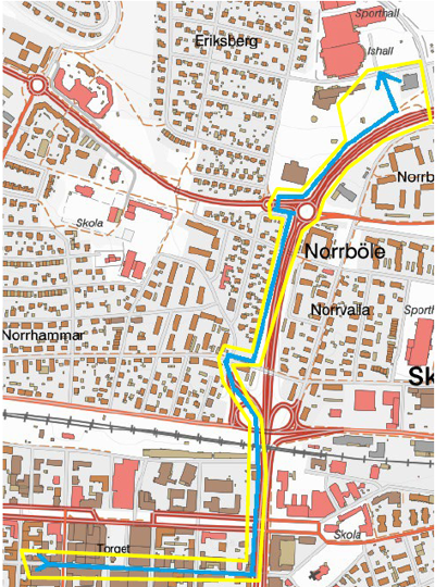 Kartbild över Skellefteå med färdvägen mellan centrum och Skellefteå Kraft Arena utmärkt. 