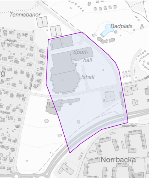 Kartbild över Skellefteå Kraft Arena och kringliggande område. 