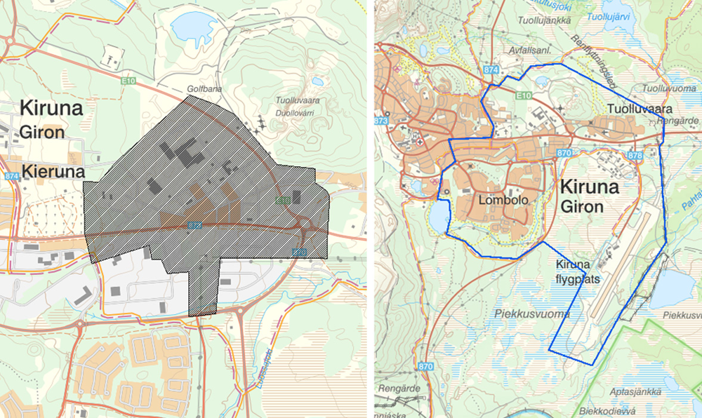 Två kartbilder, en över Kiruna centrum och en över flygplatsområdet. Vissa delar är markerade med linjer.