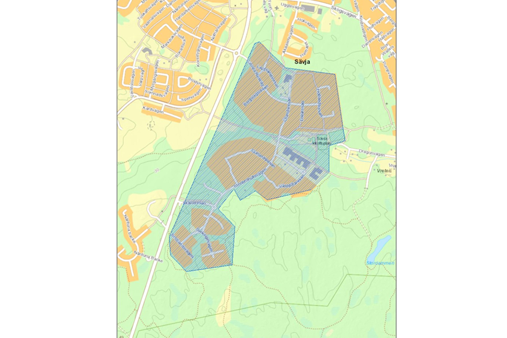 Karta över var kamerabevakning kan komma att bedrivas i Sävja.
