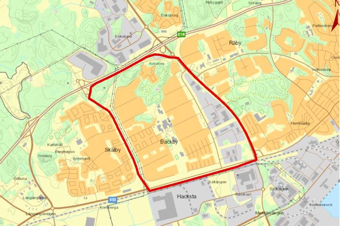 Kartbild över området i Bäckby som kan kameraövervakas med UAS.