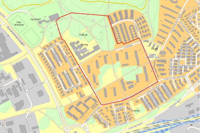 Kartbild över området i Hammarby som kan kameraövervakas med UAS.