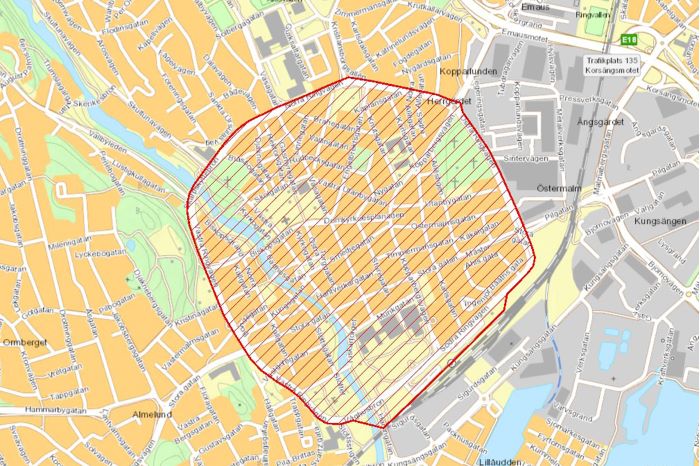 Kartbild över området i Västerås centrum som kan kameraövervakas med UAS.