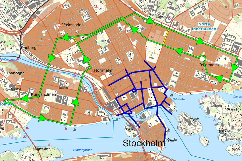 En karta som beskriver färdvägar för studentflak i Stockholms innerstad. Färdvägen omfattar Odengatan, Valhallavägen, Oxenstiernsgatan, Linnégatan, Narvavägen, Karlavägen, Karlbergsvägen, S:t Eriksgatan, Drottningholmsvägen, Rålambshovsleden, Norr Mälarstrand, Kungsholmstorg, Scheelegatan, Dalagatan.