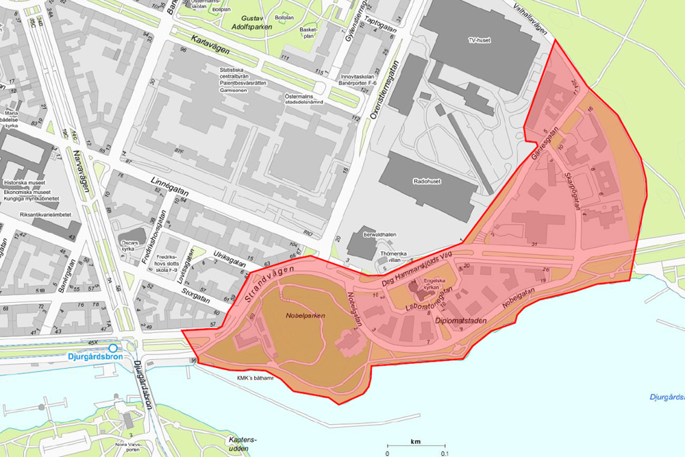 Kartbild på diplomatstaden i centrala Stockholm som nu blir en säkerhetszon.