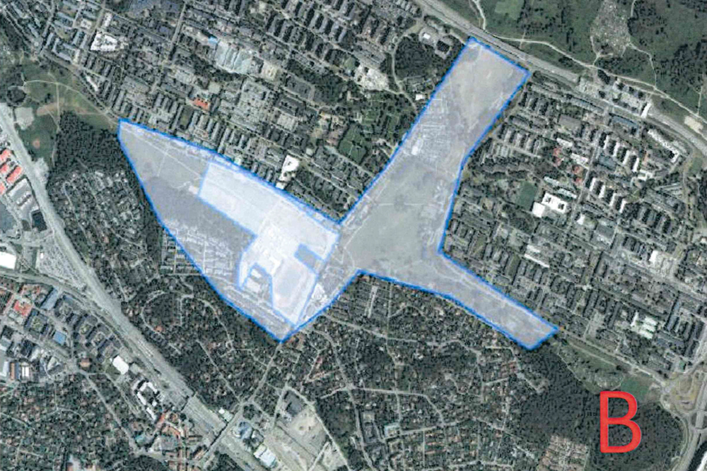 Bild på karta över Spånga idrottsplats, Tenstadalen samt närliggande område mellan Spånga kyrkväg och Rinkebysvängen som kan komma att kamerabevakas med drönare.