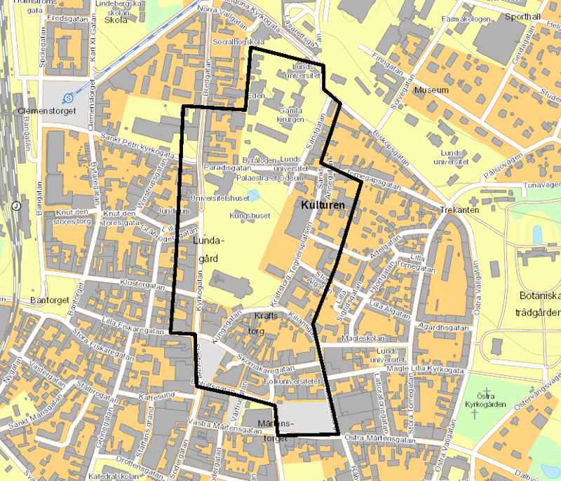 Bilden visar området då kamerabevakning med drönare kan ske  under kvällstid (kl. 18.00-02.00).