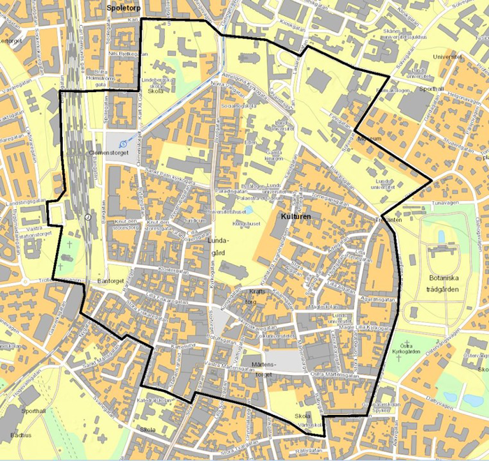 Bilden visar området då kamerabevakning med drönare kan ske under dagtid (kl. 10.00-18.00).