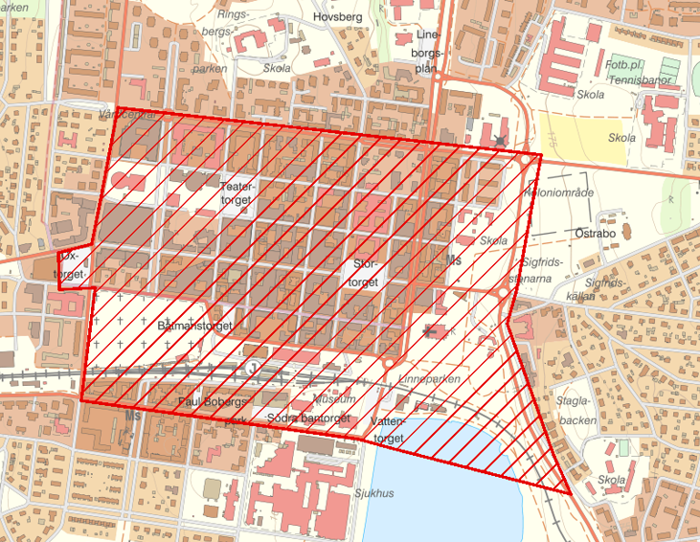 Karta över området i centrala Växjö som bevakas med drönare