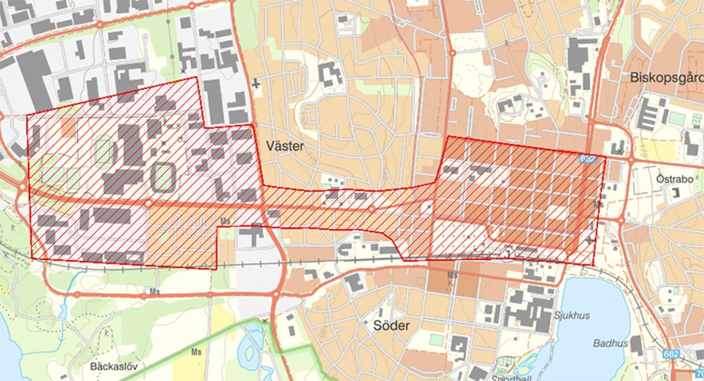 Kartbild över område i Växjö som kommer kamerabevakas med drönare 