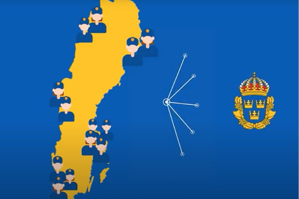 Skärmdump från filmen: illustrerad karta över Sverige med ordningsvakter utspridda över landet