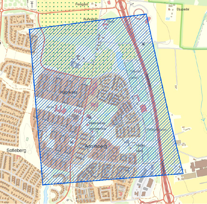 Karta över området i Adolfsberg, Helsingborg, som bevakas med drönare.
