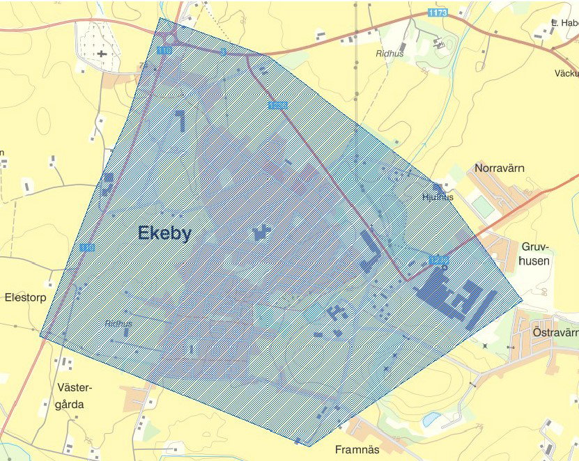 Karta över området i Ekeby som bevakas med drönare.