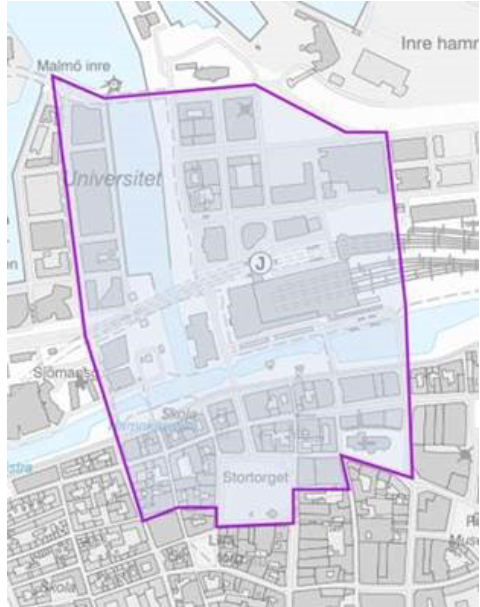 Karta över området i centrala Malmö som bevakas med drönare.