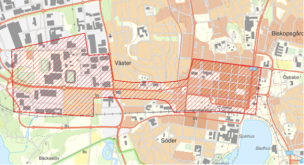 Karta med bevakningsområdet markerat. Från området kring stationen till och omkring Visma Arena.