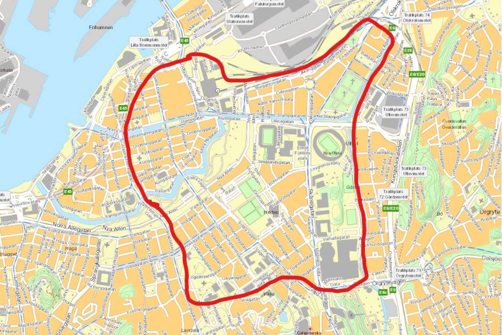 Karta över delar av Göteborg som kamerabevakas i samband med matchen mellan IFK och Djurgården.