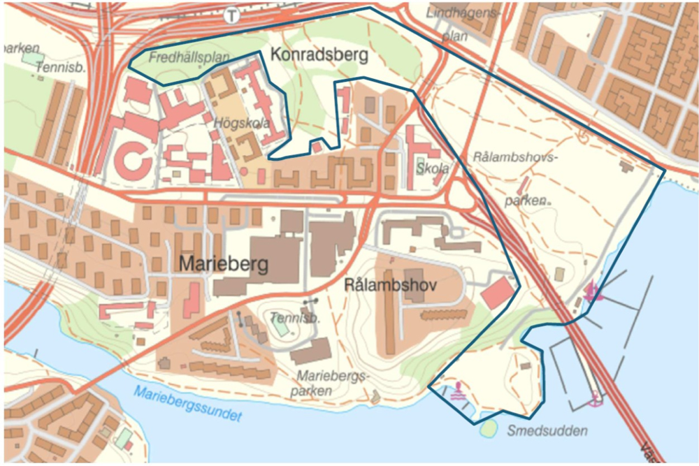 Karta med markerat område som kan komma att kamerabevakas med drönare.