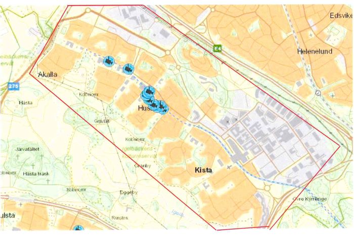 Bild på karta över Akalla, Husby och Kista där kameraövervakning med UAS kommer ske.