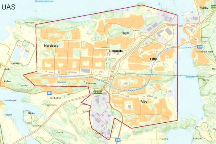 Bild på karta över Alby, Fittja, Hallunda och Norsborg där kameraövervakning med UAS kommer ske.