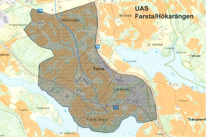 Bild på karta över Farsta, Farsta strand och Hökarängen där kameraövervakning med UAS kommer ske.