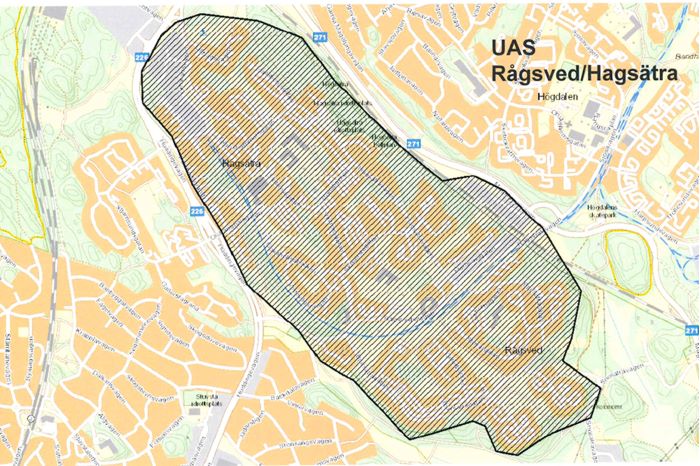 Bild på karta över Hagsätra och Rågsved där kameraövervakning med UAS kommer ske.