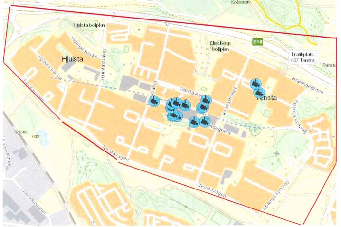 Bild på karta över Hjulsta och Tensta där kameraövervakning med UAS kommer ske.